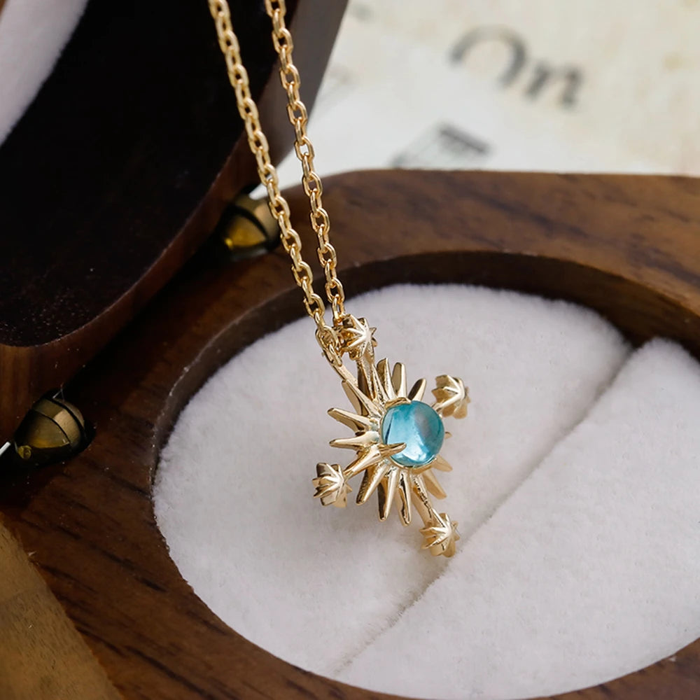925 Sterling Silver 14K Gold Plated Gemstone Retro Hollow Sun Star Sunny Apatite Necklace