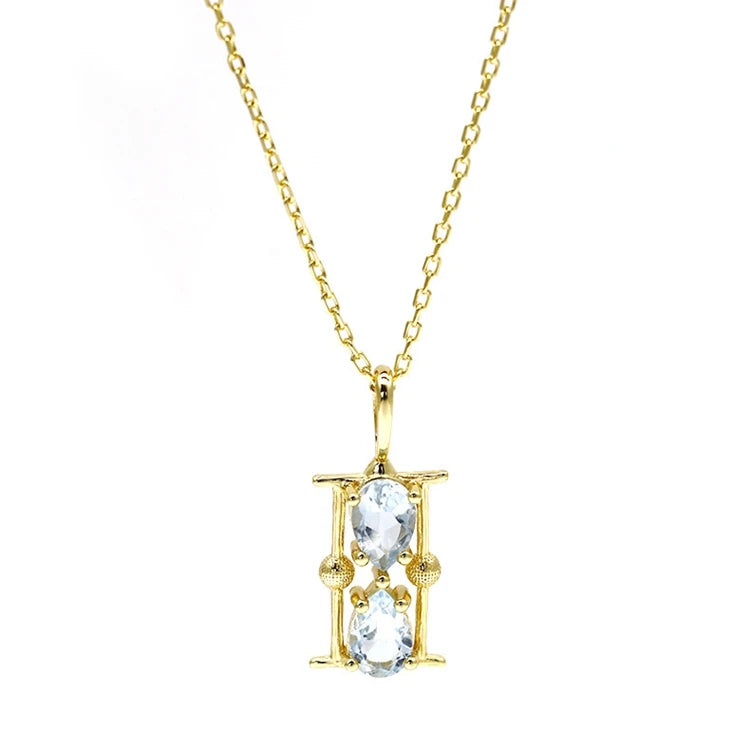 925 Sterling Silver 14K Gold Plated Gemstone Water Droplets Natural Sky Blue Topaz Hourglass Necklace