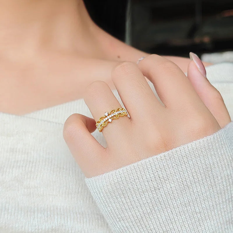 Emotional Factory 925 Sterling Silver 14K Gold Plated Cz Zircon Lace Hollow Ring