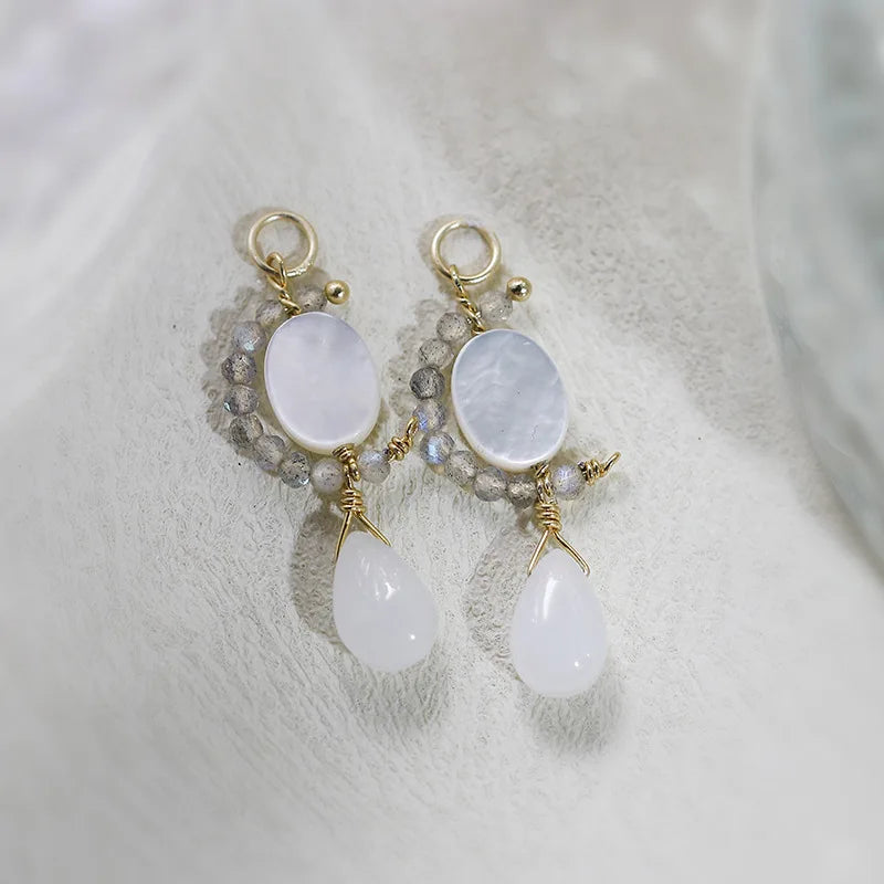 Factory 925 Sterling Silver 14K Gold Plated Gemstone Summer Freshness Natural Labradorite Mother-Of-Pearl Beaded Earrings