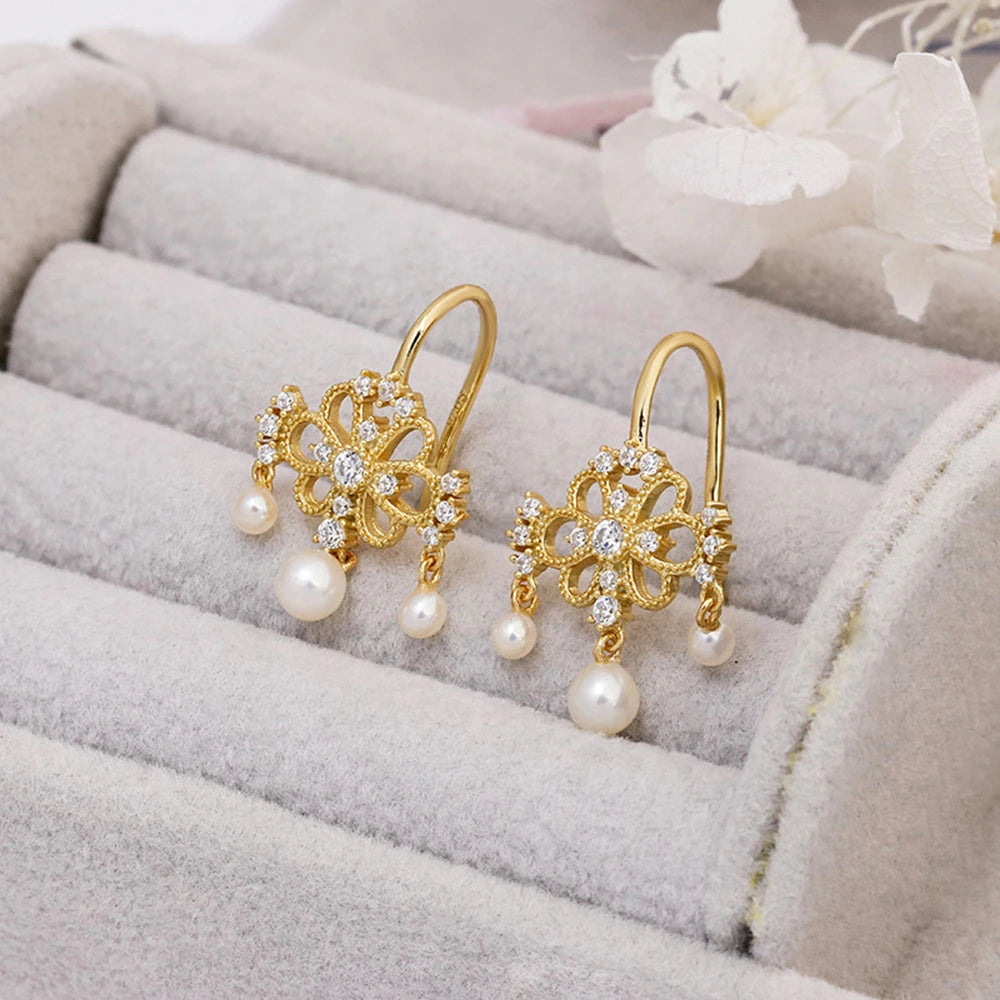 Emotional Factory 925 Sterling Silver 14K Gold Plated Gem Stone Gemstone Retro  Cz Zircon Ring Lucky Flower Pearl Earrings