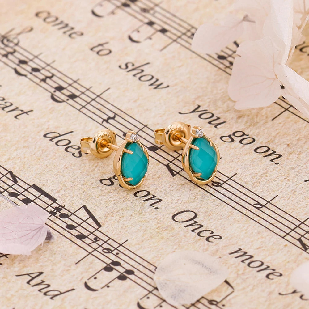 925 Sterling Silver 14K Gold Plated Gem Stone Gemstone Drop Cz Zircon Turquoise Natural White Rock Crystal Stud Earrings