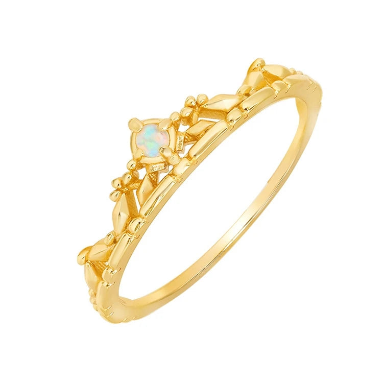 925 Sterling Silver 14K Gold Plated Gemstone Natural Opal Exquisite Crown Hollow Ring