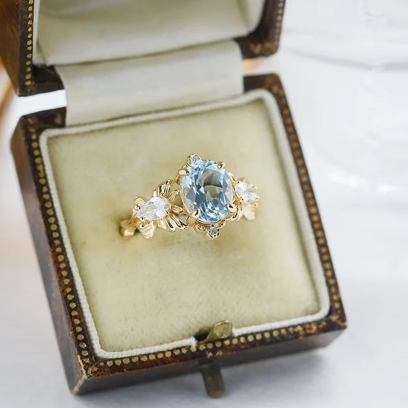 Emotional Factory 925 Sterling Silver 14K Gold Plated Gemstone Cz Zircon Natural Blue Topaz Female Butterfly Ring