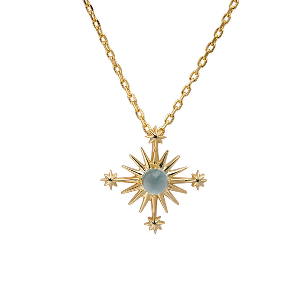 925 Sterling Silver 14K Gold Plated Gemstone Retro Hollow Sun Star Sunny Apatite Necklace