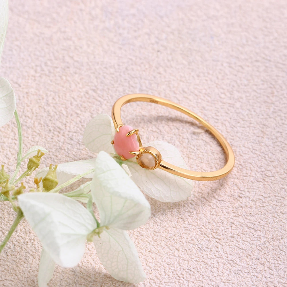 Emotional Factory 925 Sterling Silver 14K Gold Plated Gem Stone Gemstone Small Shaped Queen Shell Crystal Ring