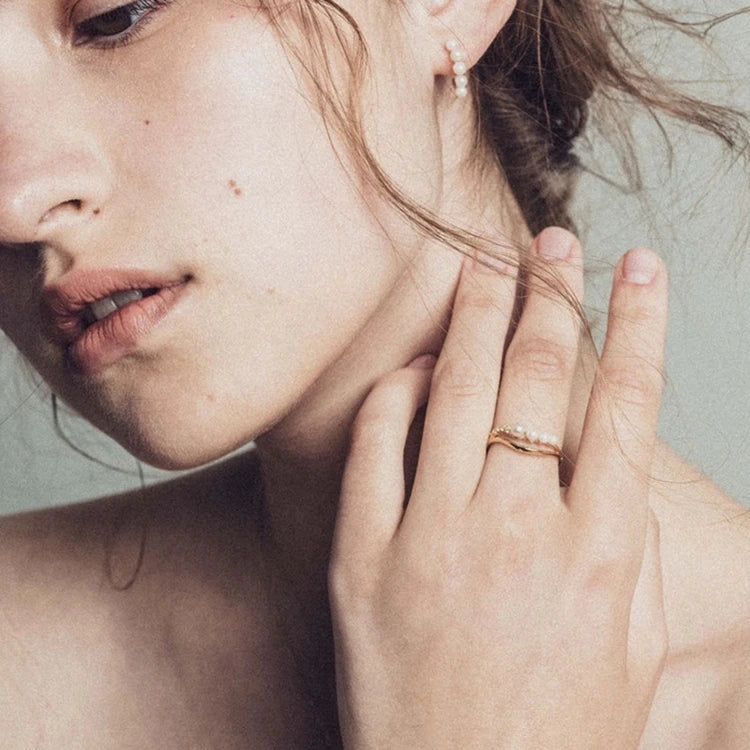 925 Sterling Silver 14K Gold Plated Gemstone White Zircon Double Natural Freshwater Pearls Ring