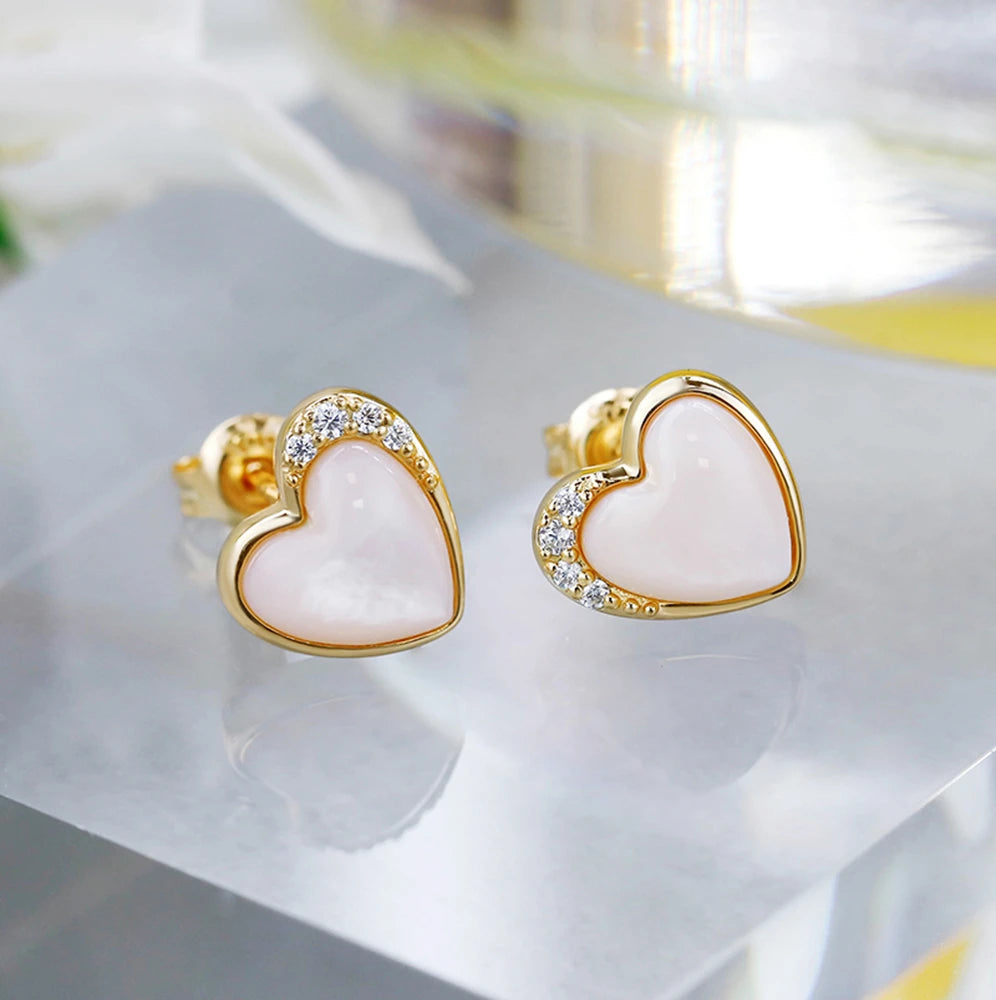 Three-Dimensional Love Pink Shellfish White Zircon Stud Earrings