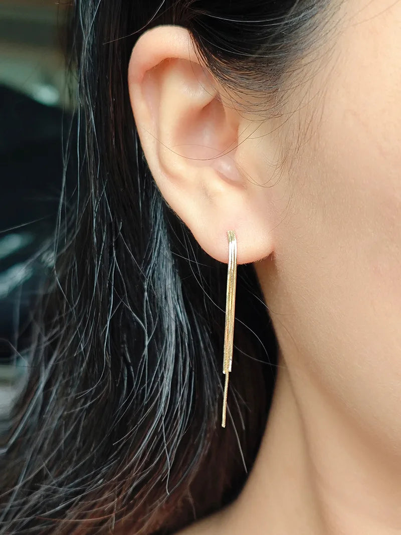 Emotional Factory 925 Sterling Silver 14K Gold Plated  Light Luxury Tassel Long Snake Bone Chain Stud Earrings