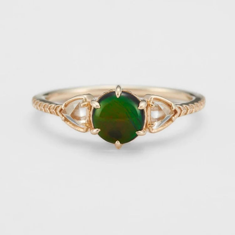 925 Sterling Silver 14K Gold Plated Gemstone Vintage Geometric Triangular Circles Rock Crystal Variegated Stone Ring