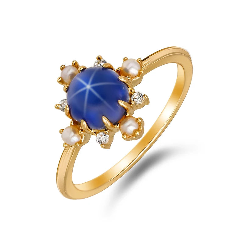14K Gold Plated 925 Sterling Silver Snowflake Ring with Elegant Synthetic Star Sapphire ,Pearl and White Zircon
