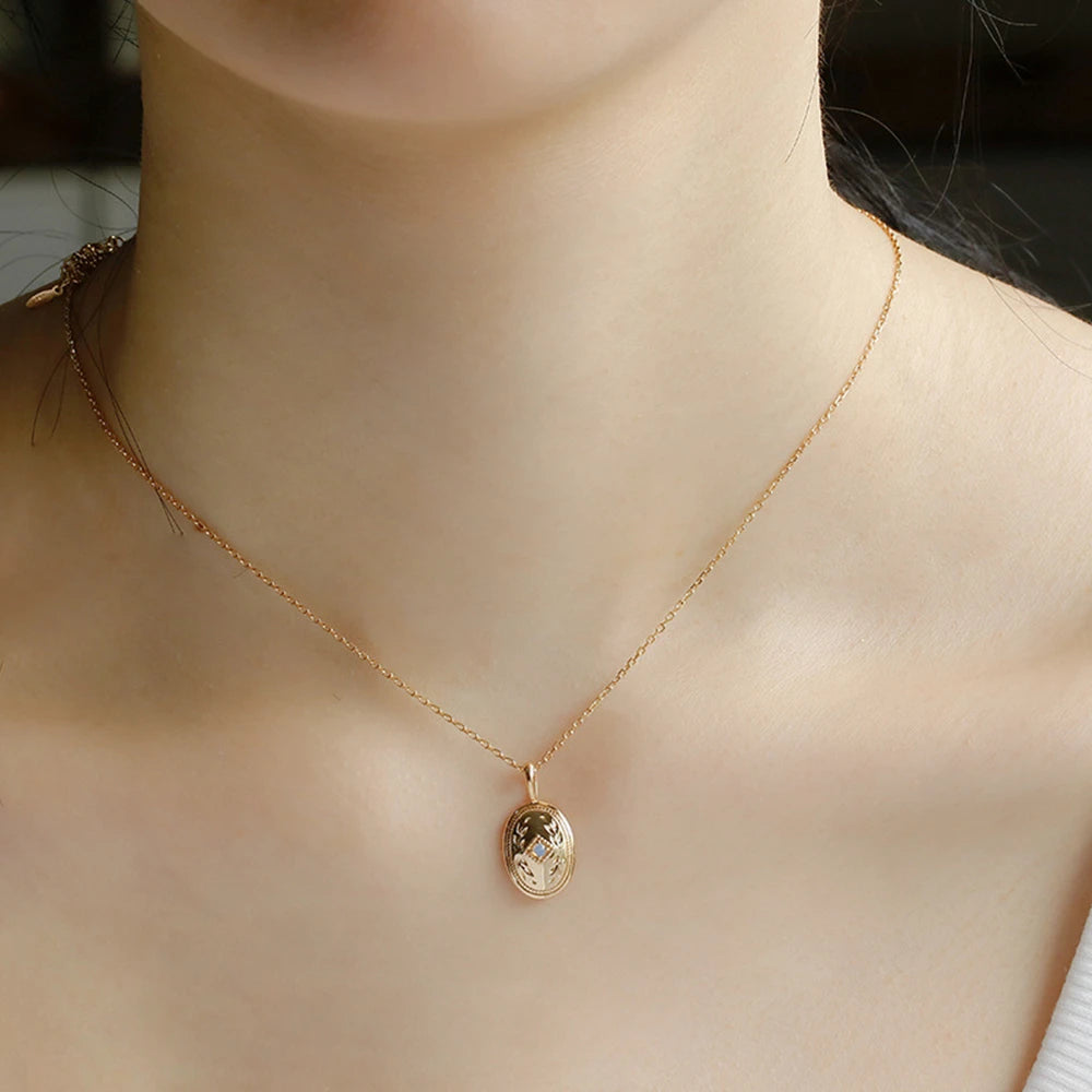 925 Sterling Silver 14K Gold Plated Gem Stone Gemstone Geometric Egg Shape Opal Oval Badge Sculpted Leaf Pendant