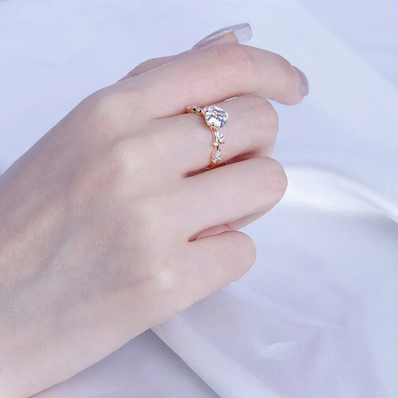 Custom 925 Sterling Silver 14K Gold Plated Classic Four Prong Inlay Super Shiny Zircon Leaf Ring