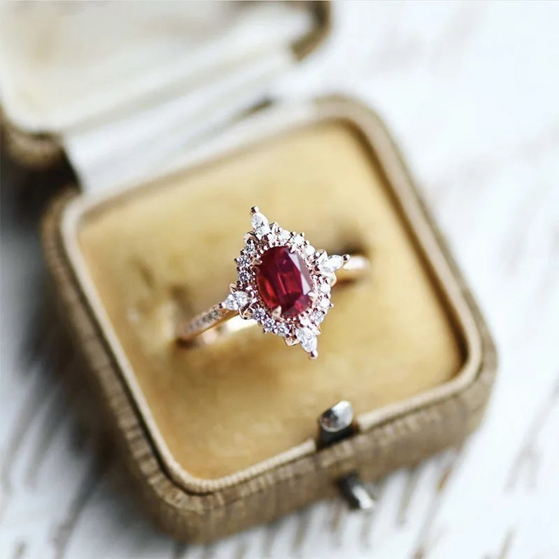 925 Silver 14k Gold Plated Geometric Ring with Natural Garnet & Vintage Cubic Zircon - Elegant Handcrafted  FIne Jewelry