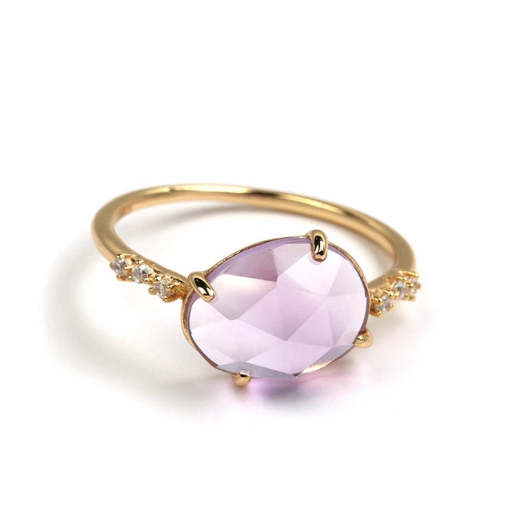 Emotional Factory 925 Sterling Silver 14K Gold Plated Gemstone Egg Shape Women Amethyst Claws Birthstone Ring