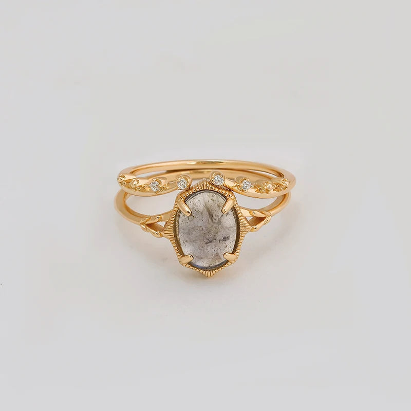 Japanese Light Luxury S925 Silver Plated 14K Gold Cordierite & Labradorite Stone Fine Ring