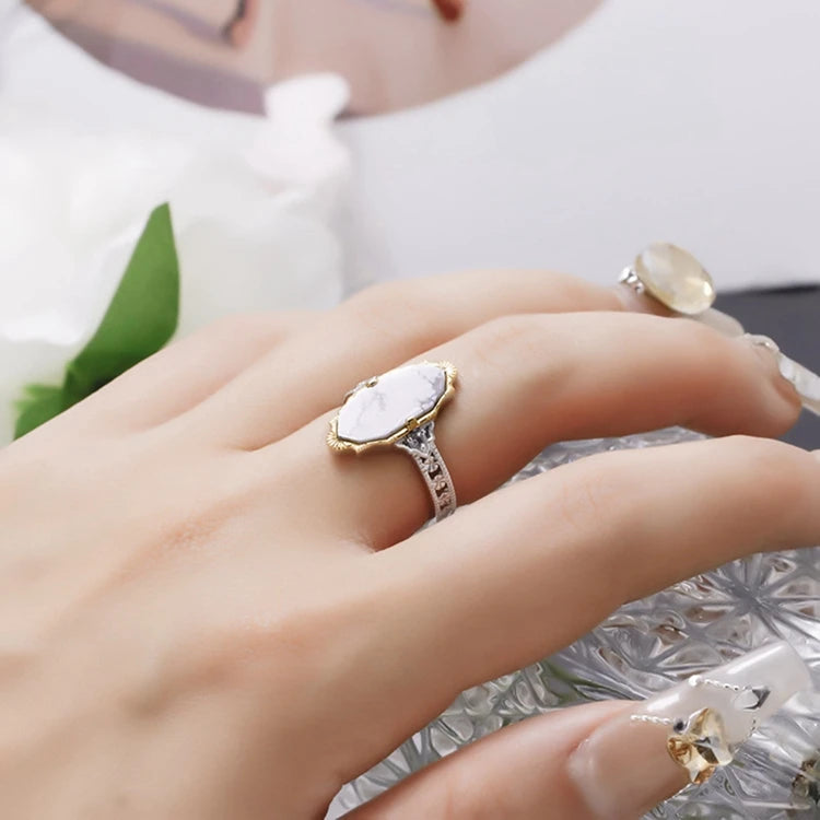 Emotional Factory 925 Sterling Silver 14K Gold Plated Gem Stone Gemstone Retro  Cz Zircon Labradorite White Turquoise Ring