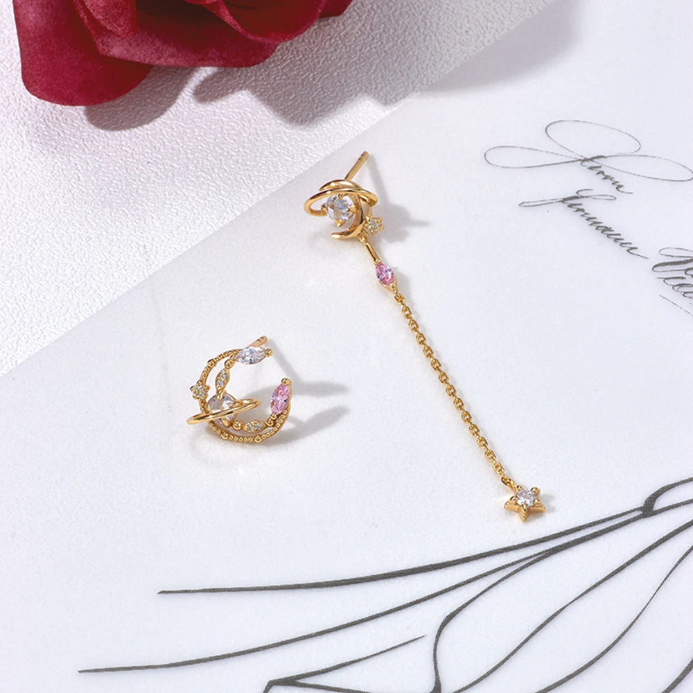 Emotional Factory Jewelry New 925 Sterling Silver 14K Gold Plated Pink Zircon Light Yellow Long Moon Star Earrings