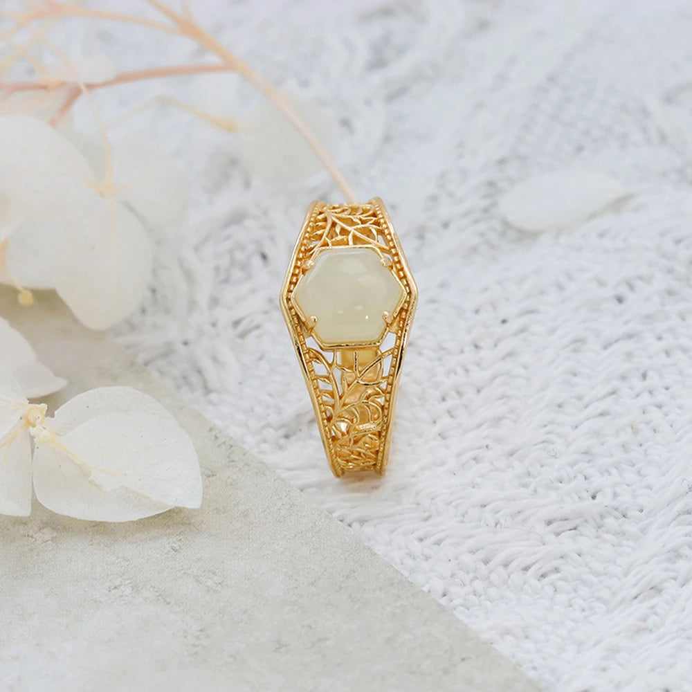 925 Sterling Silver 14K Gold Plated Gemstone Retro Vintage Hollow Ring Hexagonal Jade Nephrite Ring