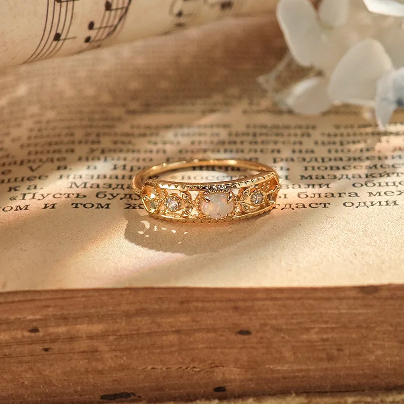 Emotional Factory 925 Sterling Silver 14K Gold Plated Gemstone Retro Hollow Opal Ring for Women