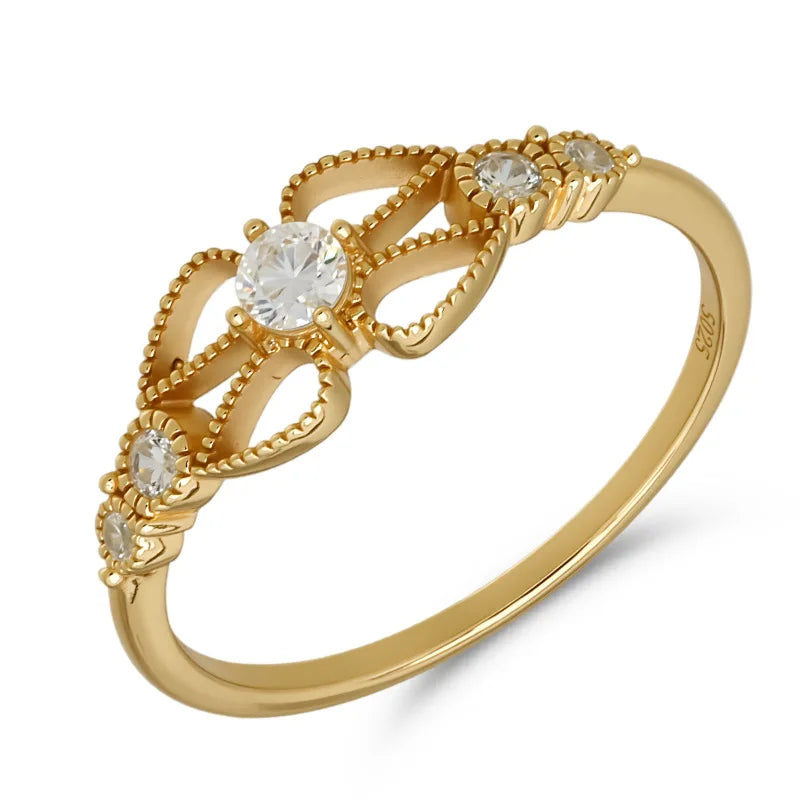 Emotional Factory 925 Sterling Silver 14K Gold Plated Gemstone Cz Zircon Moissanite Lace Hollow Ring