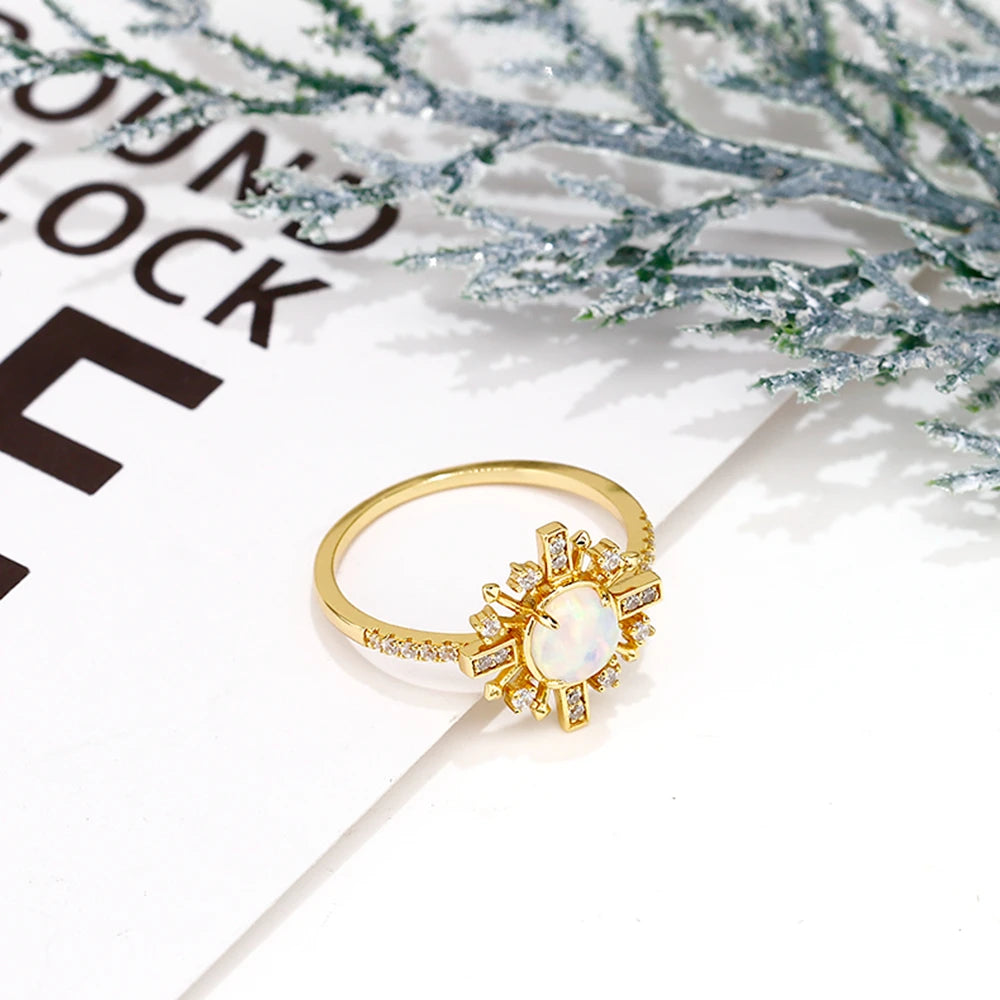 Emotional Factory 925 Sterling Silver 14K Gold Plated Gemstone Series Opal Sun Flower Shining Ring