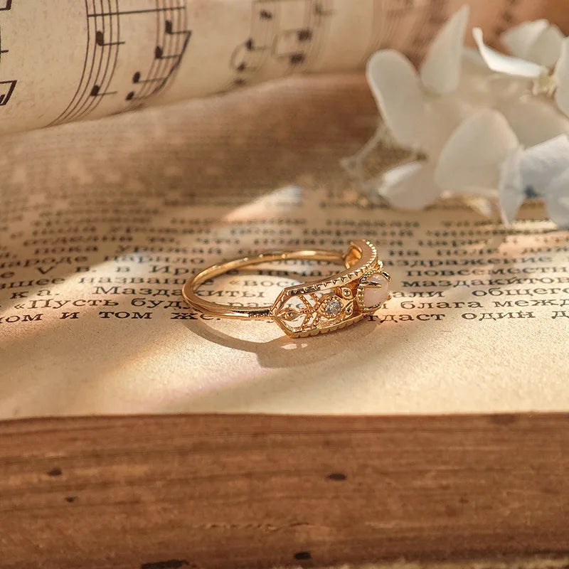 Emotional Factory 925 Sterling Silver 14K Gold Plated Gemstone Retro Hollow Opal Ring for Women