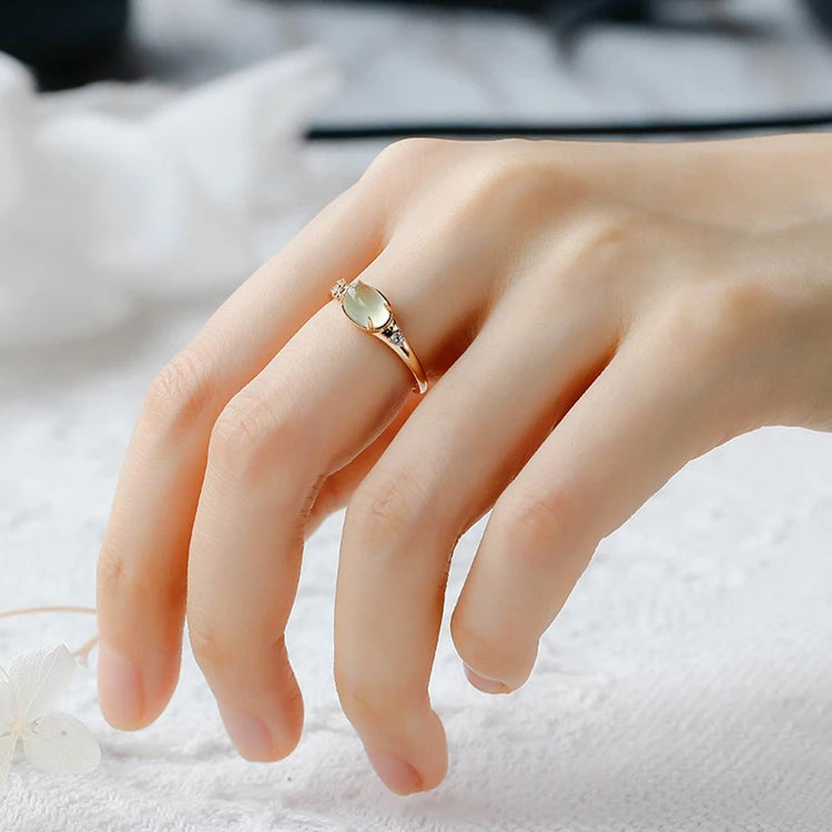 Emotional Factory 925 Sterling Silver 14K Gold Plated Gemstone Zircon Retro Vintage Oval Shaped Prehnite Ring