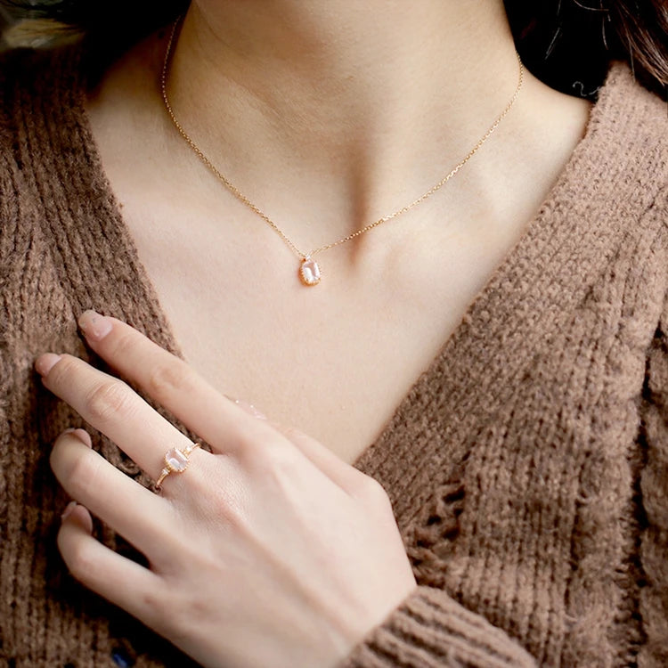 EmotionalEmotional Factory 925 Sterling Silver 14K Gold Plated Gemstone 8Mm Stone Rectangle Pink Crystal Ring