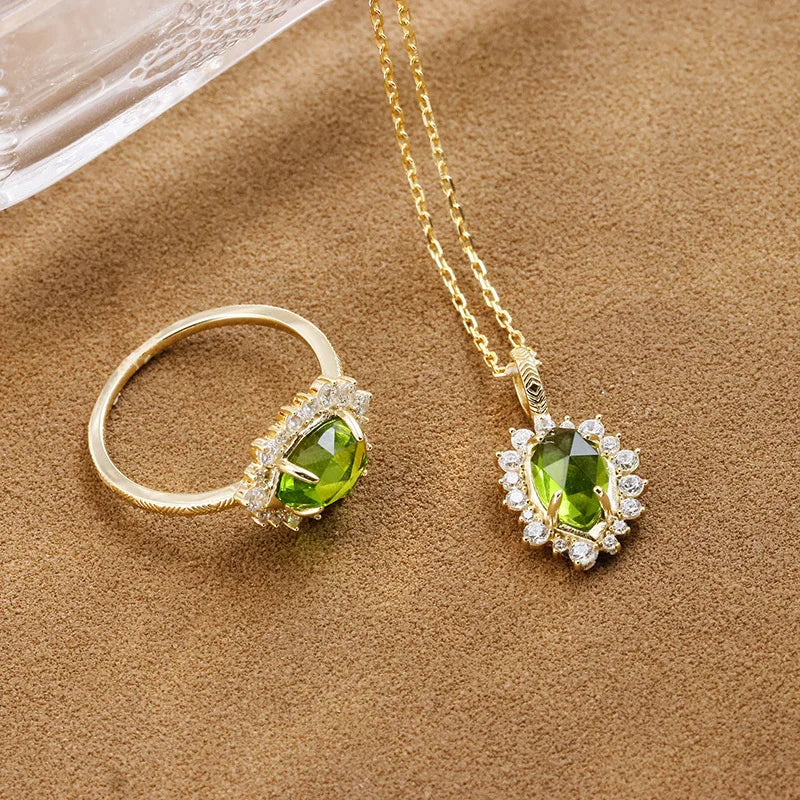 925 Sterling Silver 14K Gold Plated Gemstone Sun Shaped Peridot Glass Irregular Shape Pendant Vintage Necklace with Sample Chain
