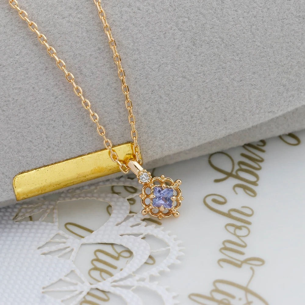 925 Sterling Silver 14K Gold Plated Gemstone Retro Hollow Flower Geometric Square Stone Tanzanite Necklace
