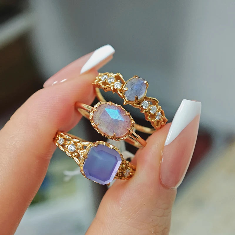 925 Sterling Silver 14K Gold Plated Gemstone Strawberry Quartz Stone Amethyst Labradorite Cordierite Stacked Zircon Ring