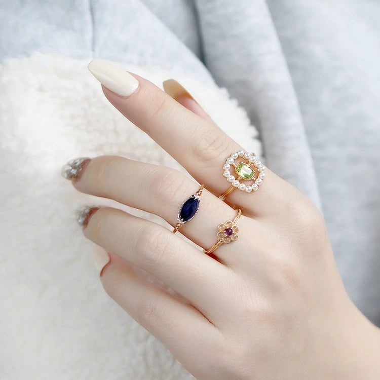 925 Sterling Silver 14K Gold Plated Gemstone Hollow Cross Green Peridot Geometry Pearl Ring