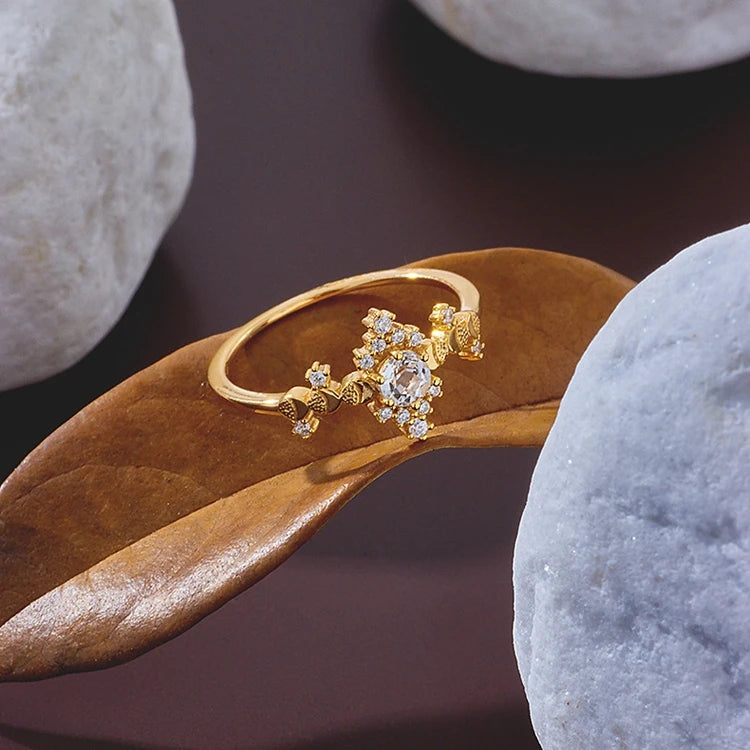 Emotional Factory 925 Sterling Silver 14K Gold Plated Gemstone Shaped Irregular White Topaz Ring