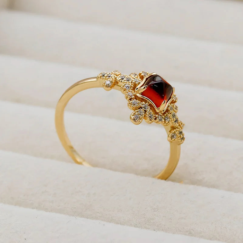 Red Garnet  Retro Style Pomegranate White Zirconium Ring S925 Silver Plating 14k Gold Fine Jewelry