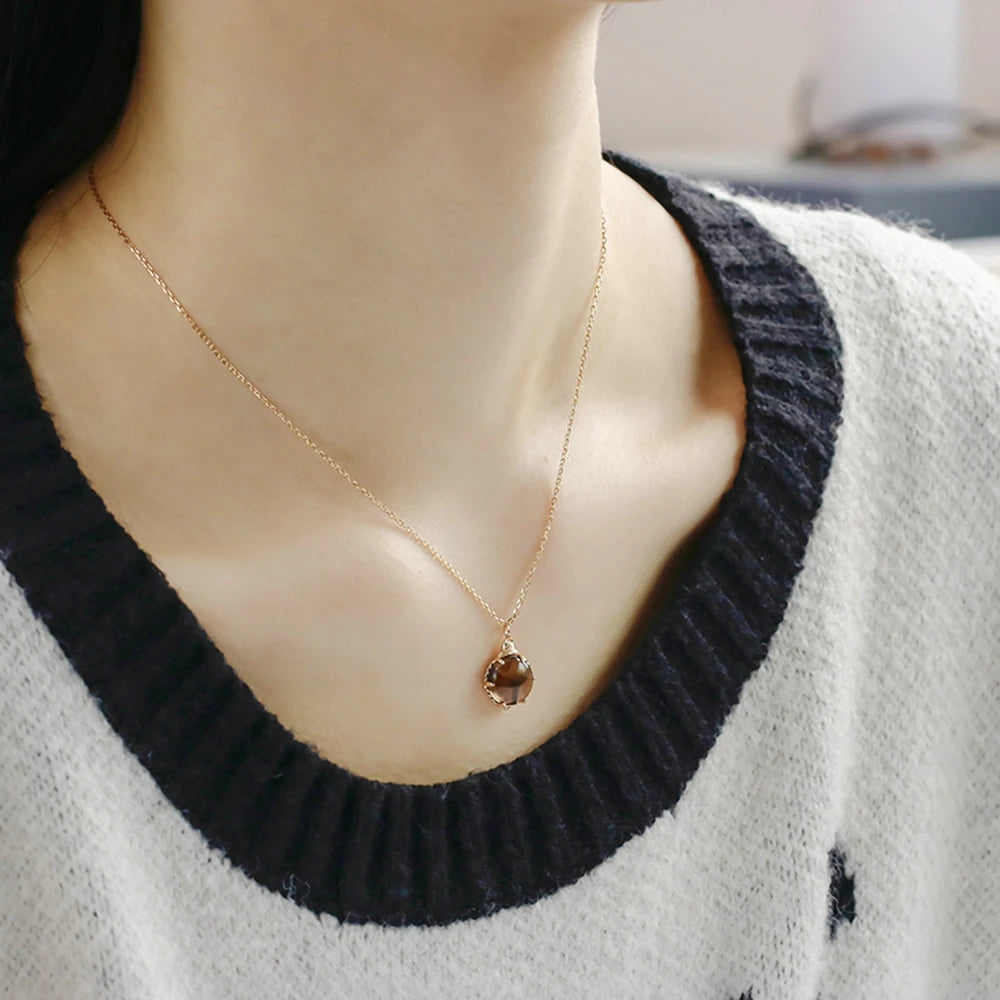 Emotional 925 Sterling Silver 14K Gold Plated Gemstone Cute Cat Golden Tea Crystals Necklace