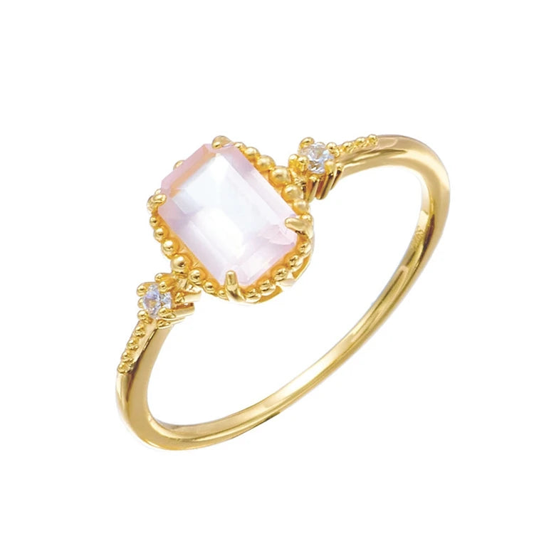 EmotionalEmotional Factory 925 Sterling Silver 14K Gold Plated Gemstone 8Mm Stone Rectangle Pink Crystal Ring
