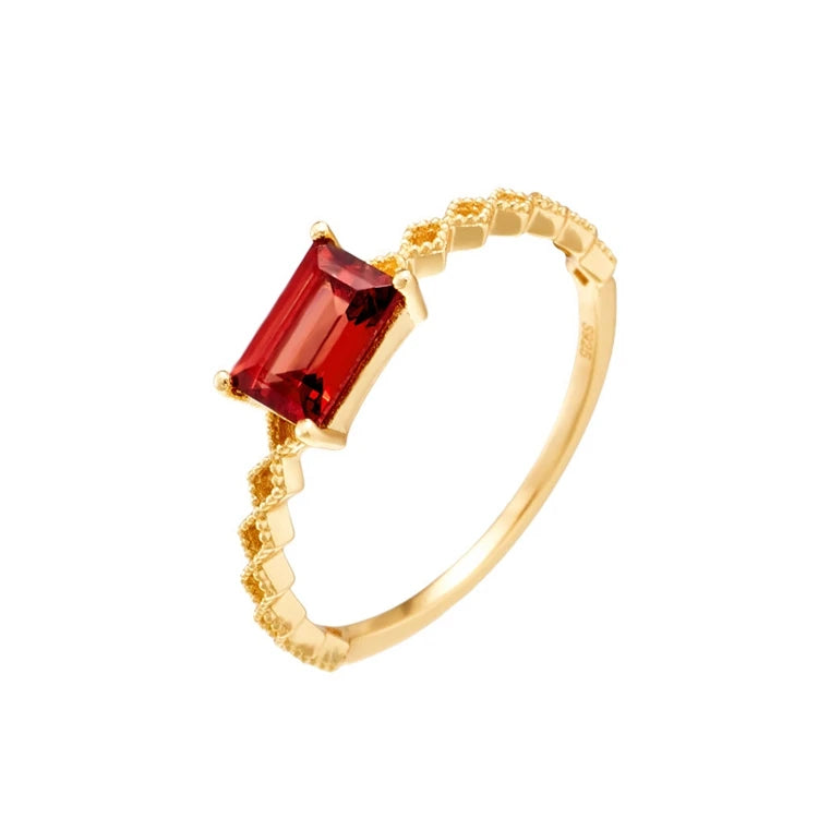 Emotional Factory 925 Sterling Silver 14K Gold Plated Gemstone Bezel Car Flower Natural Red Garnet  Ring