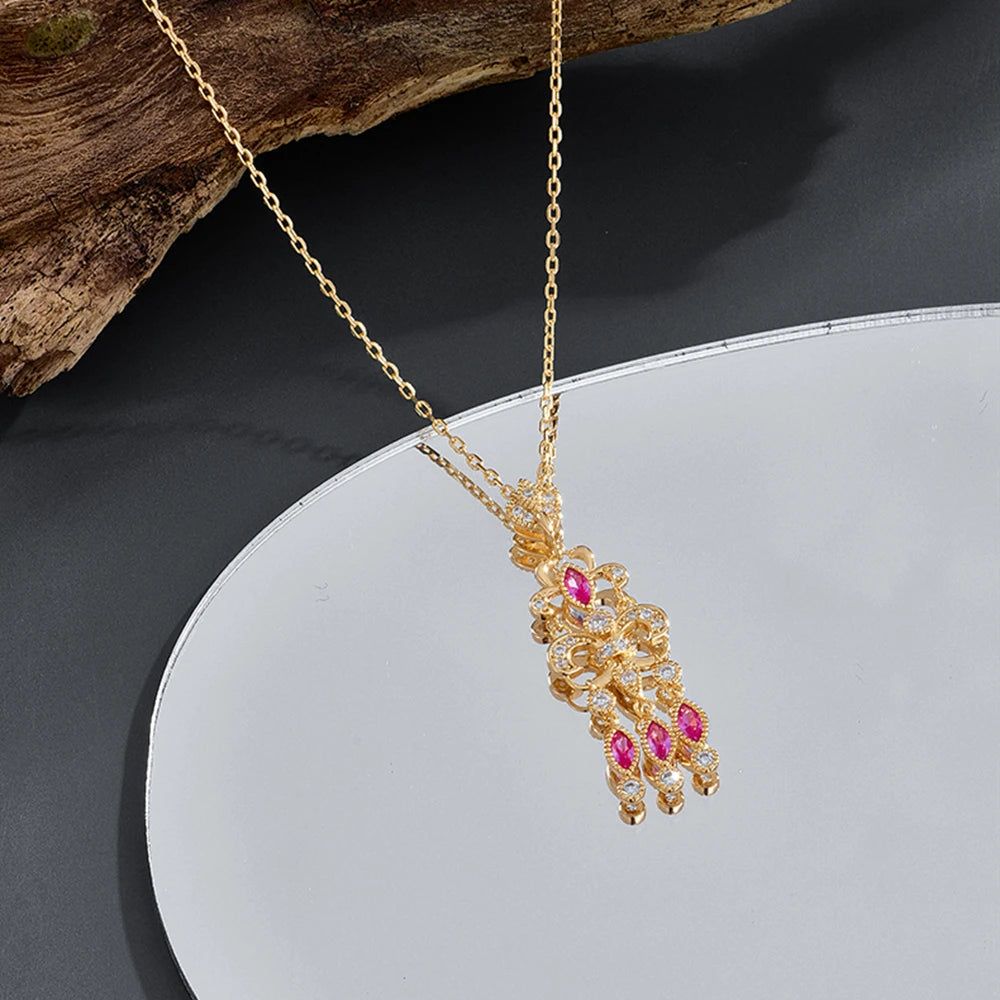 Emotional Factory Jewelry 925 Sterling Silver 14K Gold Plated Gemstone Series Red Corundum White Zircon Tassel Necklace