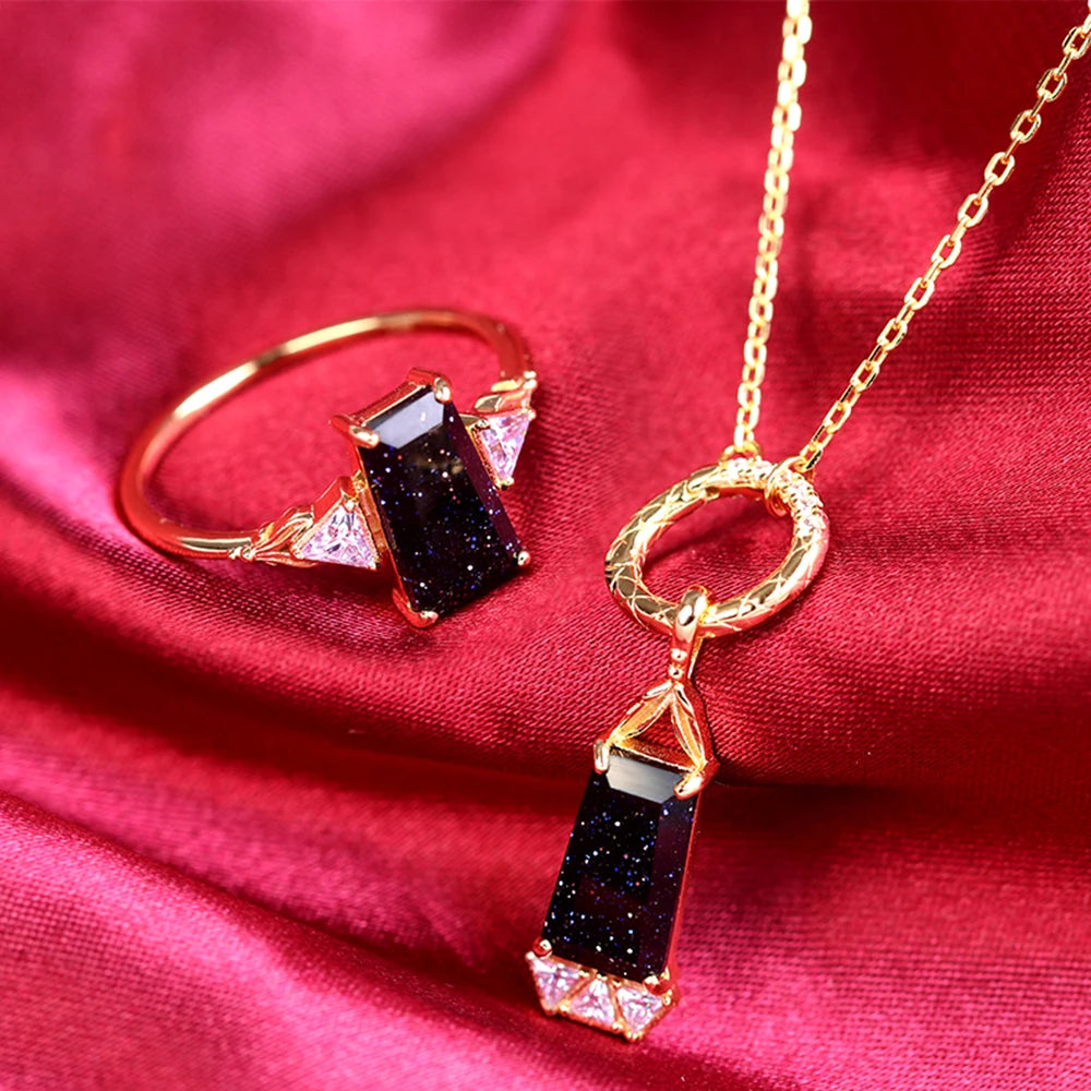 925 Sterling Silver 14K Gold Plated Winter Night Sky Series CZ Zircon Purple Stone Blue Aventurine Gemstone Ring