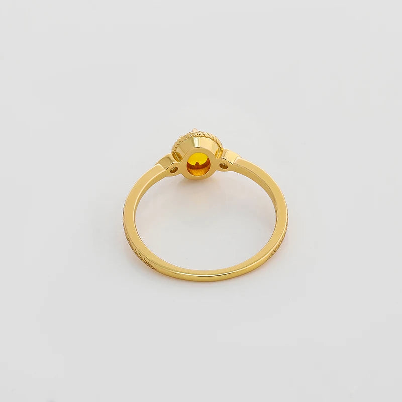 Retro Oval Amber Zircon Carved S925 Ring  Plated 14K Gold