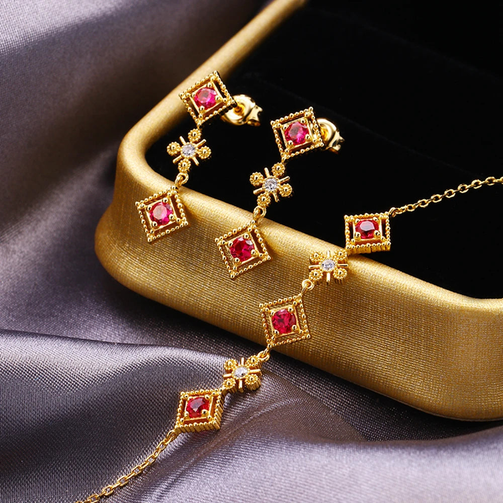 Pulseras 925 Sterling Silver 14K Gold Plated Gemstone Red Corundum Diamond Shaped Green Spinel Zircon Bracelet