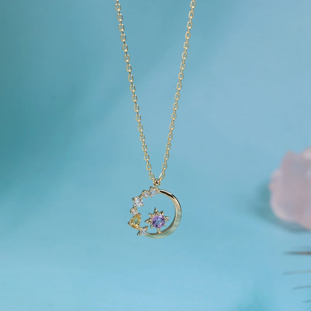 Emotional Factory Jewelry 925 Sterling Silver 14K Gold Plated Gemstone Series Amethyst Citrine Hollow Necklace