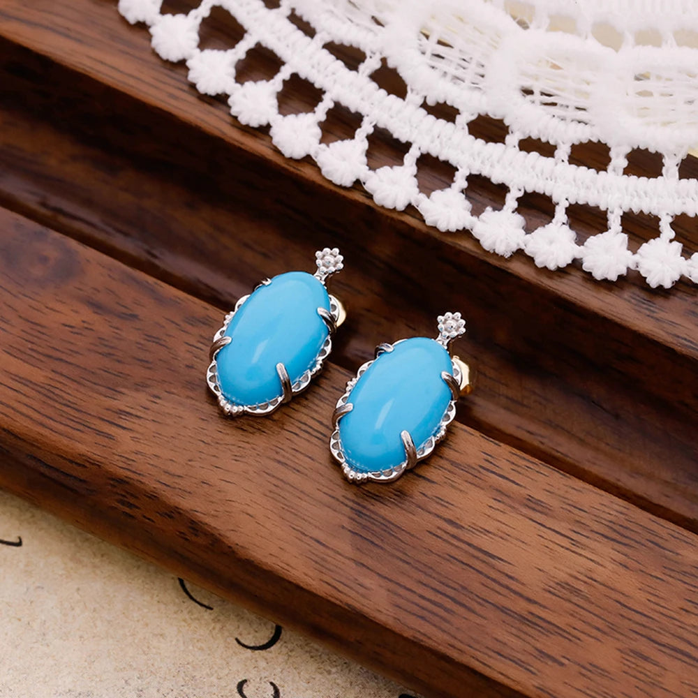 925 Sterling Silver 14K Gold Plated Gemstone Retro Egg Stone Artificial Turquoise Earrings