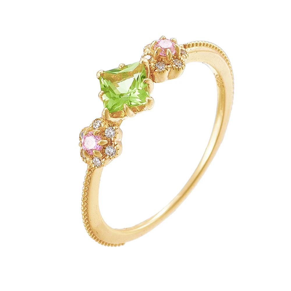 Emotional Factory 925 Sterling Silver 14K Gold Plated Gemstone Series Zircon Flowers Small Fresh Peridot Ring