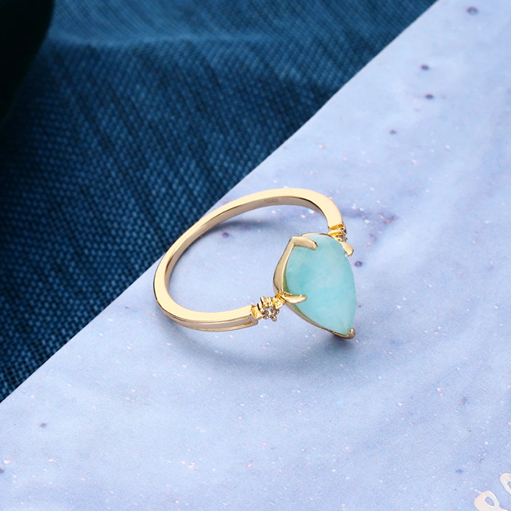 925 Sterling Silver Gold Plated Drop Shaped Double Layers Gemstone Rock Crystal Amazonite Clear Quartz Ring