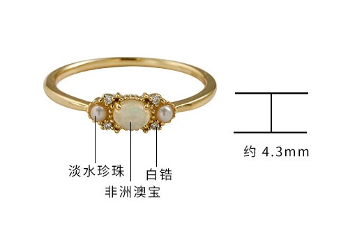 Emotional Factory 925 Sterling Silver 14K Gold Plated Gemstone Retro Cz Zircon African Opal Natural Pearl Ring