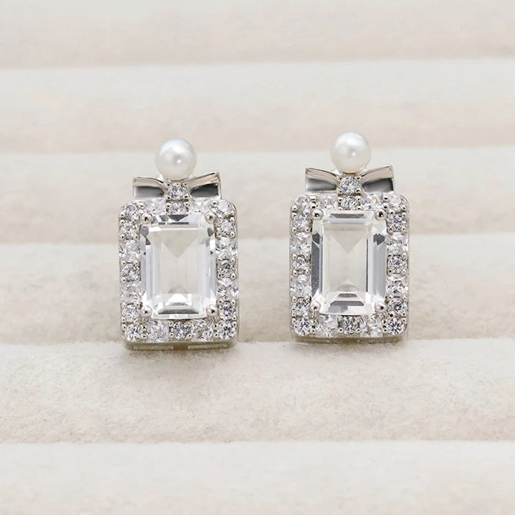 Emotional Factory 925 Sterling Silver 14K Gold Plated Gemstone Geometric Crystal Pearl White Zircon Stud Earrings