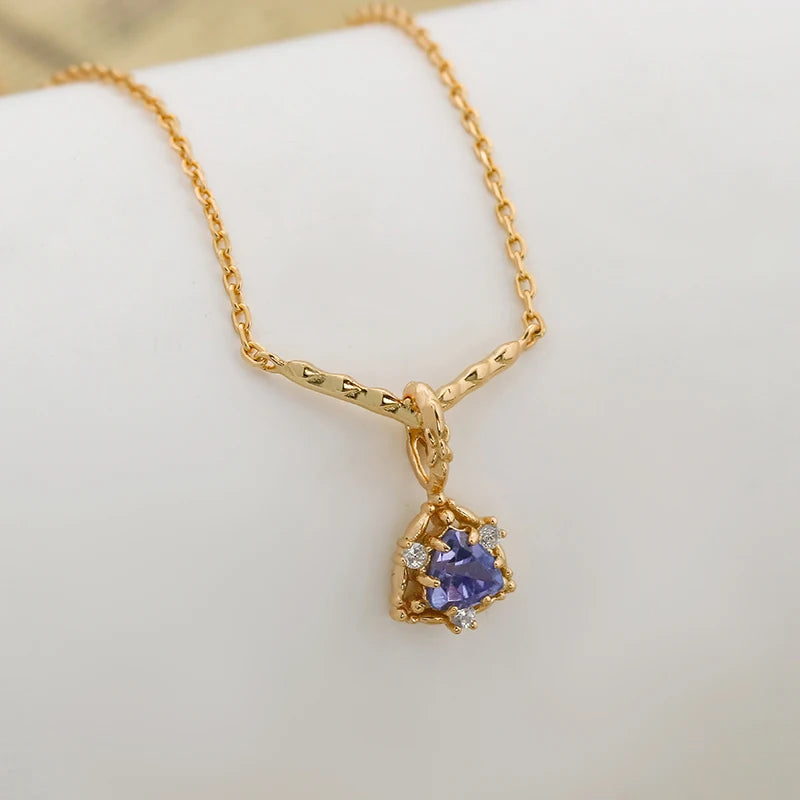 Japanese Light Luxury Style S925 Silver Plated 14K Gold  Tanzanite Necklace