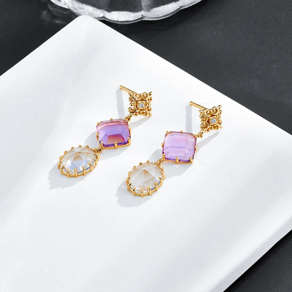 Factory Jewelry 925 Sterling Silver 14K Gold Plated Gemstone Series Crystal Brazilian Amethyst White Topaz Long Earrings